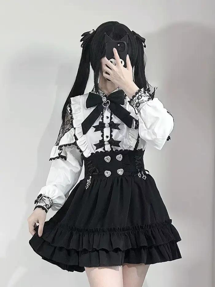 Kawii Jirai Kei jupe tenue Lolita filles Blouse haut femmes chemise à manches longues 2025 nœud chem
