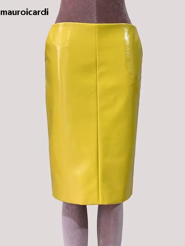 Mauroic printemps été brillant réfléchissant jaune vif Faux cuir jupe crayon femmes avec fente arriè