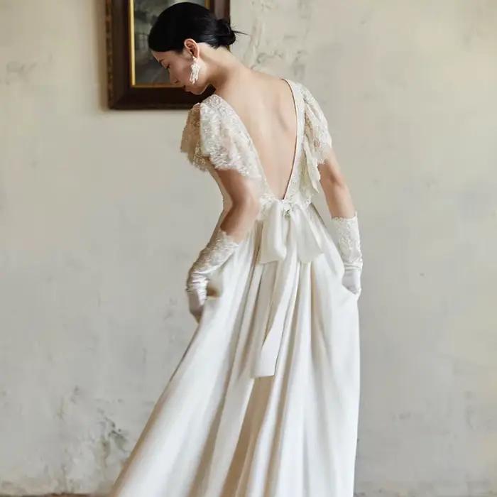 Robe de Mariée Française Personnalisée, Dos aux, Col Carré, Rétro, Simple, Blanc, Amincissante, Pati