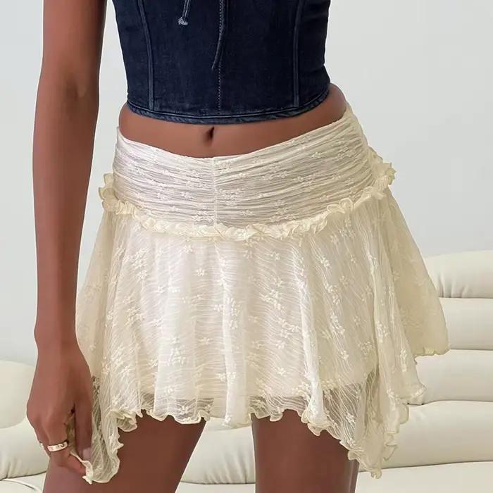 Mini jupes froncées en dentelle pour femmes, taille moyenne, ourlet irrégulier, jupes courtes, stree