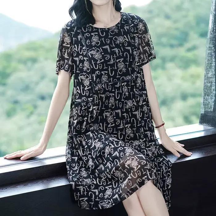 Robe mi-longue en gaze imprimée à manches courtes pour femmes, pull à col rond, streetwear décontrac