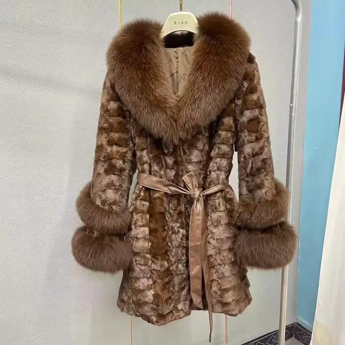 Manteau en fourrure de vison véritable pour femmes, veste avec col en fourrure de renard, pardessus 