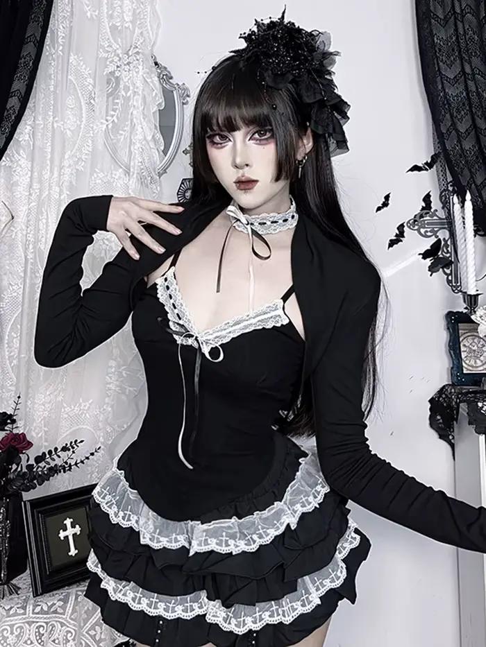 Camisole en dentelle noire Patchwork, hauts à manches longues, T-shirts, ensemble deux pièces, nouve
