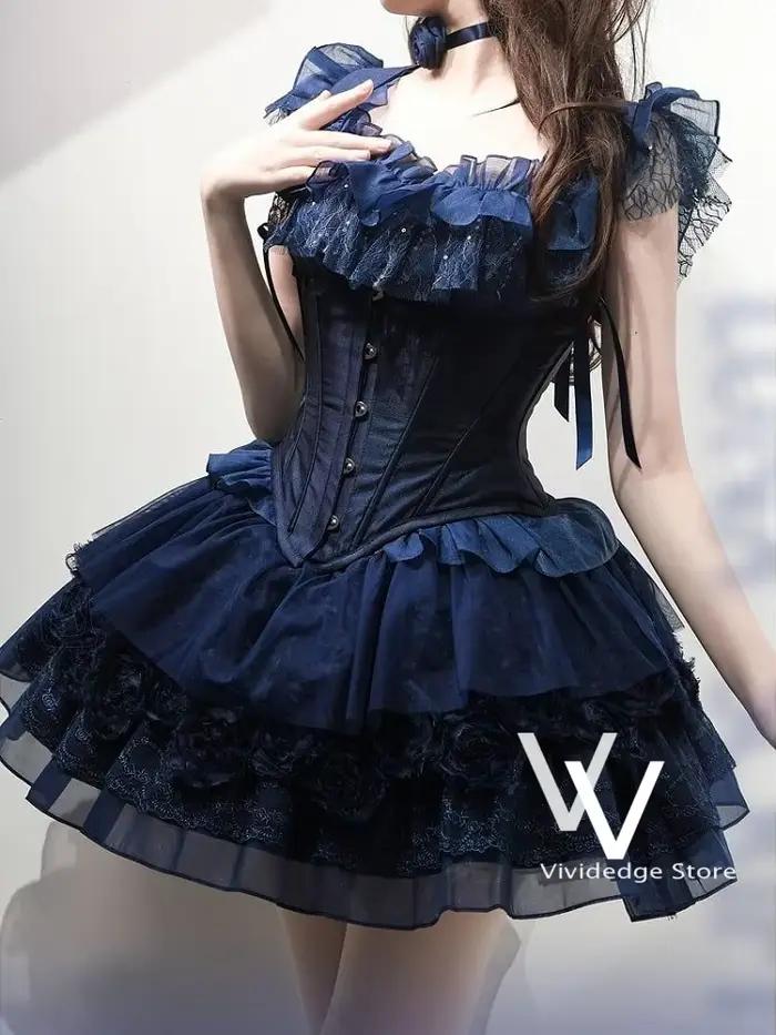 Robes de soirée courtes bleu marine, style victorien, avec volants, corset médiéval, jupe pleine Lol