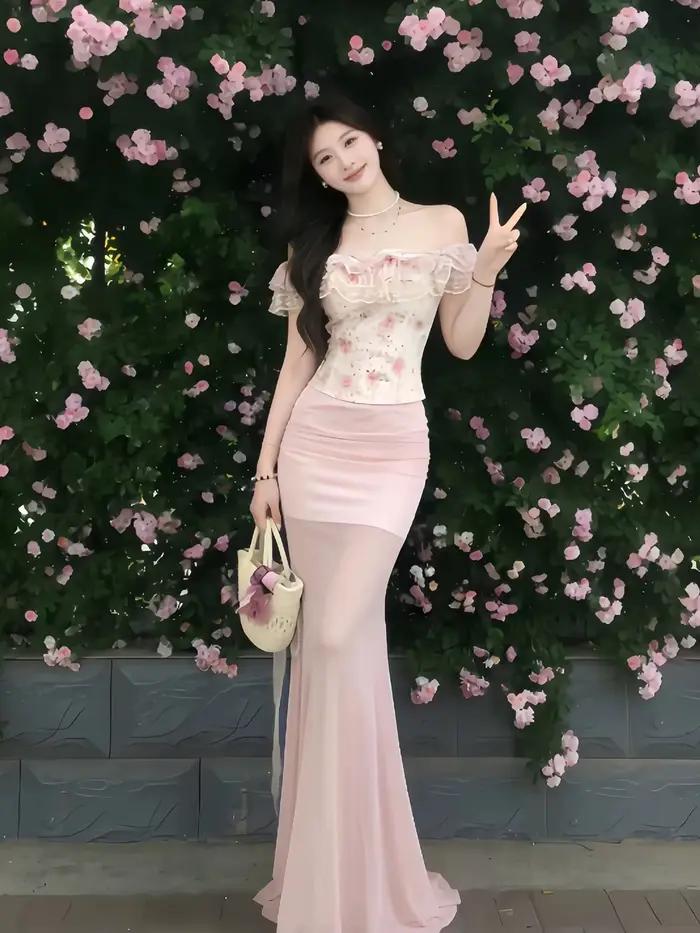 Ensemble jupe portefeuille et robe asymétrique à imprimé floral style romantique français, coupe aju