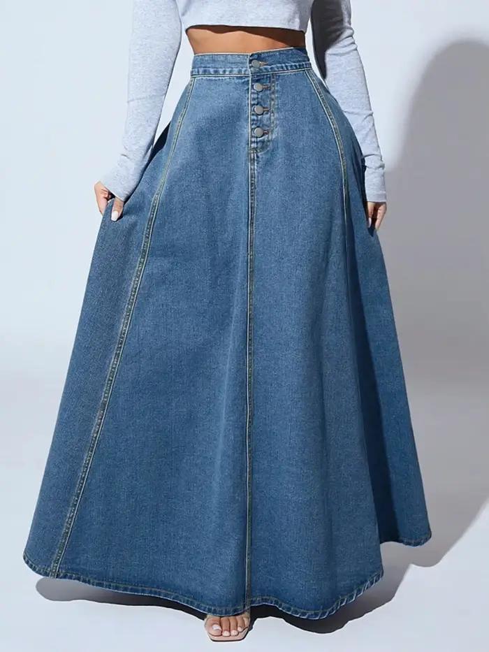 Jupe en jean pour femmes, Design à simple boutonnage, taille haute, ligne a, Maxi, Vintage, décontra