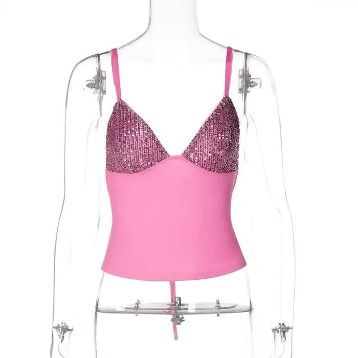 Ensemble 2 pièces sexy pour femme : Haut caraco à sequins et mini-jupe plissée, bustier col en V – T