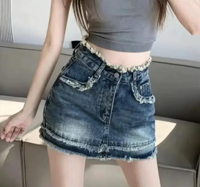 Jupe courte en jean vintage taille haute à ourlet effiloché pour femme, style streetwear été tendanc