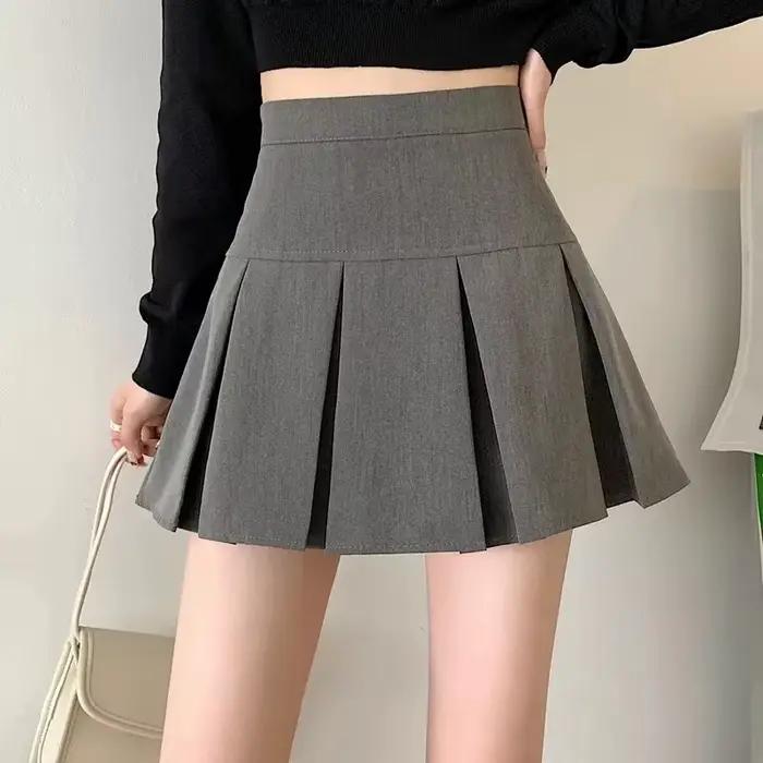 Jupe plissée grise vintage pour femmes, jupe courte taille haute kawaii, mode coréenne, uniforme sco