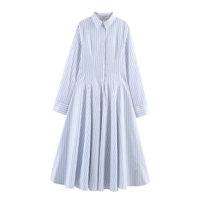Robe chemise rayée bleue pour femme - Nouvelle collection printemps - Chic, manches longues, plissée