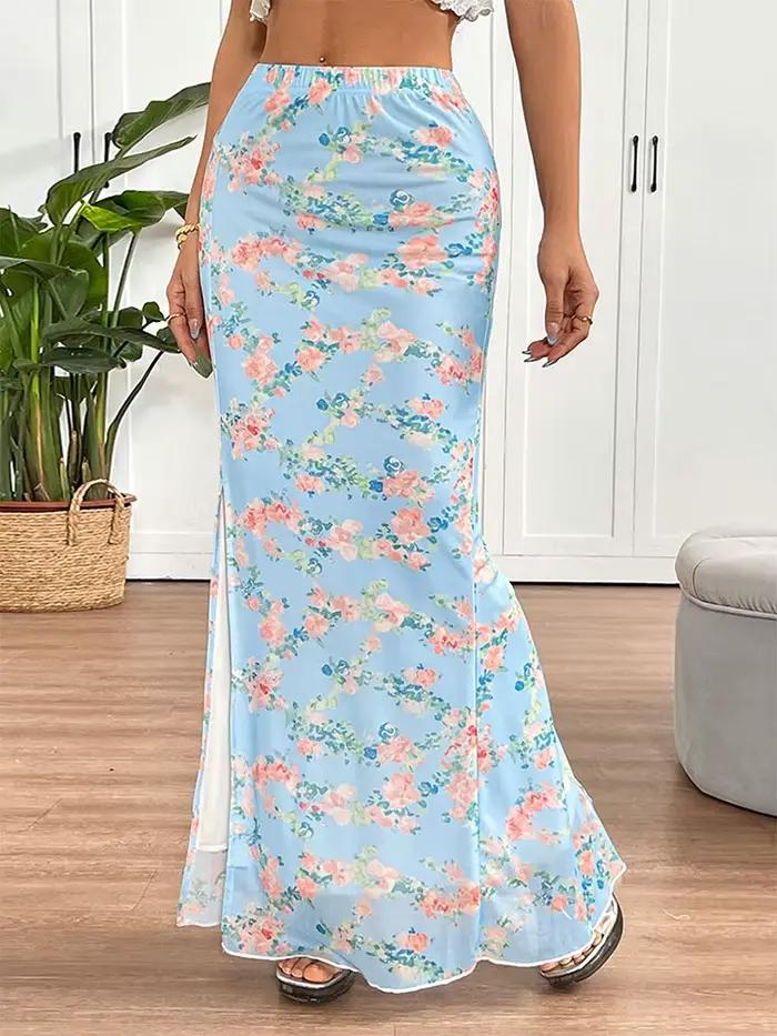 Jupe longue femme, nouvelle collection été, style streetwear, imprimé bleu clair, jupe fendue élégan