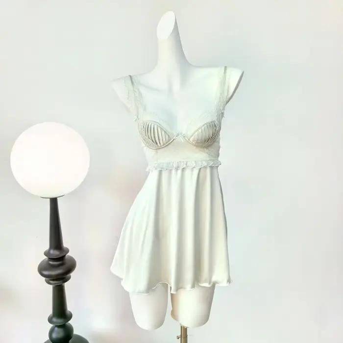 INJNIGHTOWNIGHTS-Chemise de nuit sexy pour femmes, lingerie française avec coussretours de poitrine,