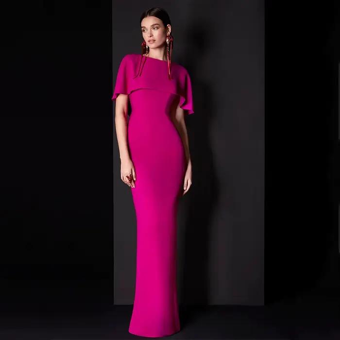 Robes d'invité de mariage pour femmes, col rond, cape, rose rouge, robe de soirée formelle, colonne,