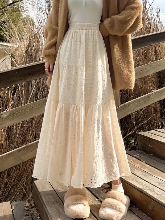 Jupe mi-longue en coton plissé pour femme, jupe brodée évidée, taille haute, ligne A, style fille Mo