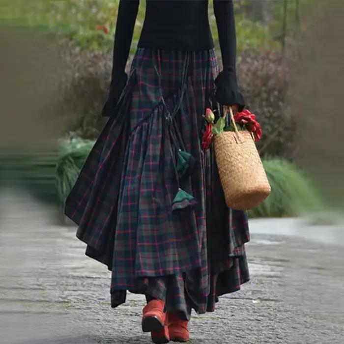 Jupe longue tartan taille haute rétro pour femmes, jupe évasée Maxi à carreaux, mode vintage, printe