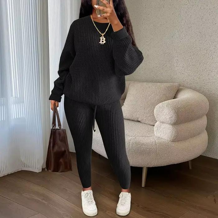 Ensemble deux pièces pull tricoté pour femmes, automne hiver, manches longues, col rond + pantalon s