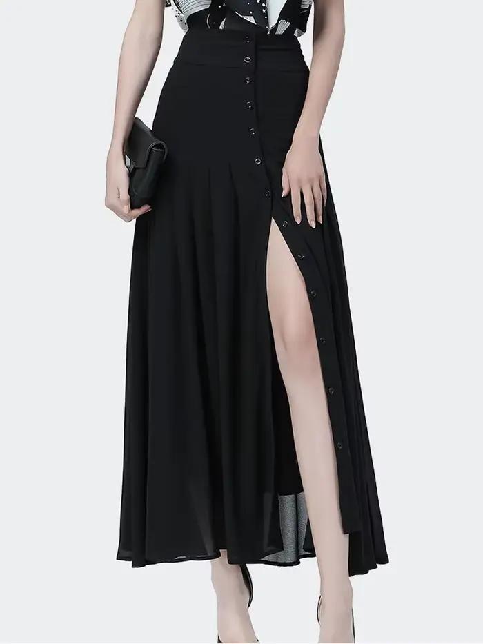 Jupe mi-longue élégante pour femmes, taille haute, Sexy, fente à boutons, maille, longue gaze, jupes