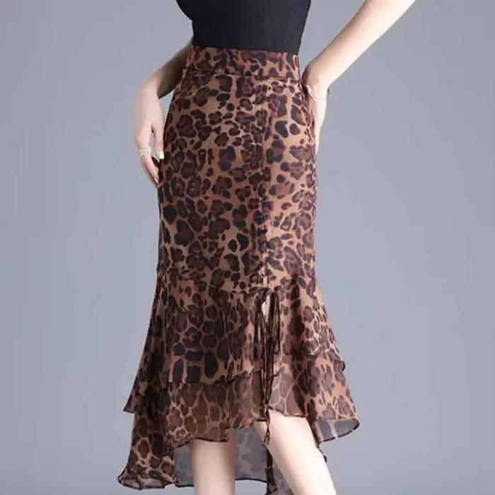 Jupes mi-longues en mousseline de soie pour femmes, taille haute, imprimé léopard, ligne A irréguliè