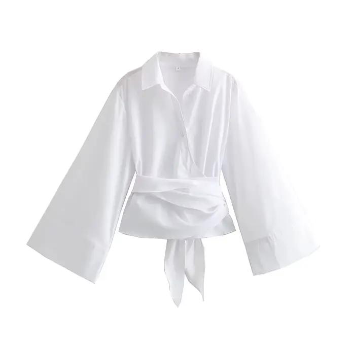 Chemisiers kimono à manches longues pour femmes avec nœud papillon, bouton avant, chemises féminines