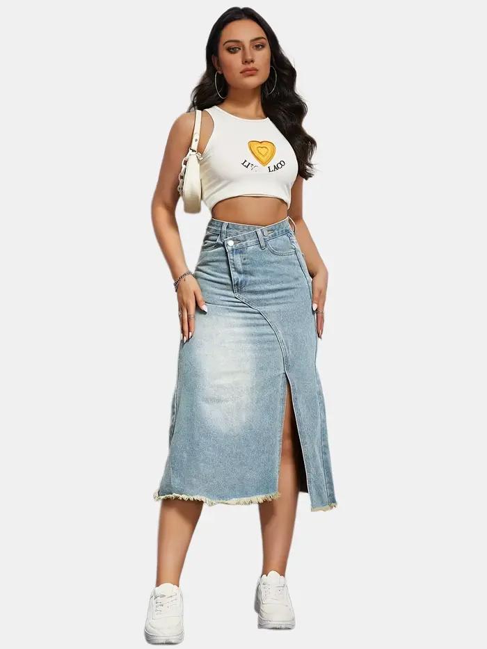 Jupe longue en jean pour femme 2026, fendue, taille haute, déchirée, délavée, avec poches boutonnées