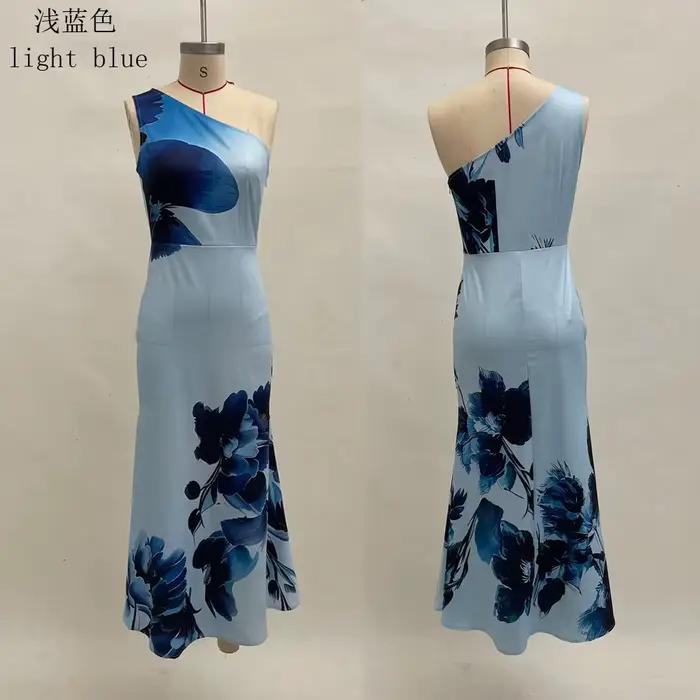 Robe longue chic pour femmes, à une épaule, imprimé floral bleu rétro, coupe ajustée, élégante, pour