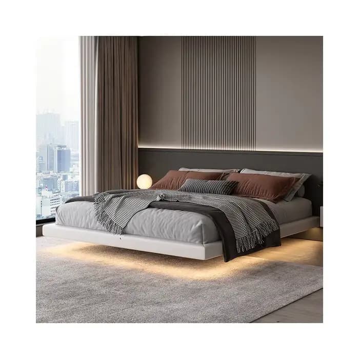 Lit flottant rembourré sans tête de lit, Base de lit d'hôtel en cuir synthétique, cadre de lit Doubl