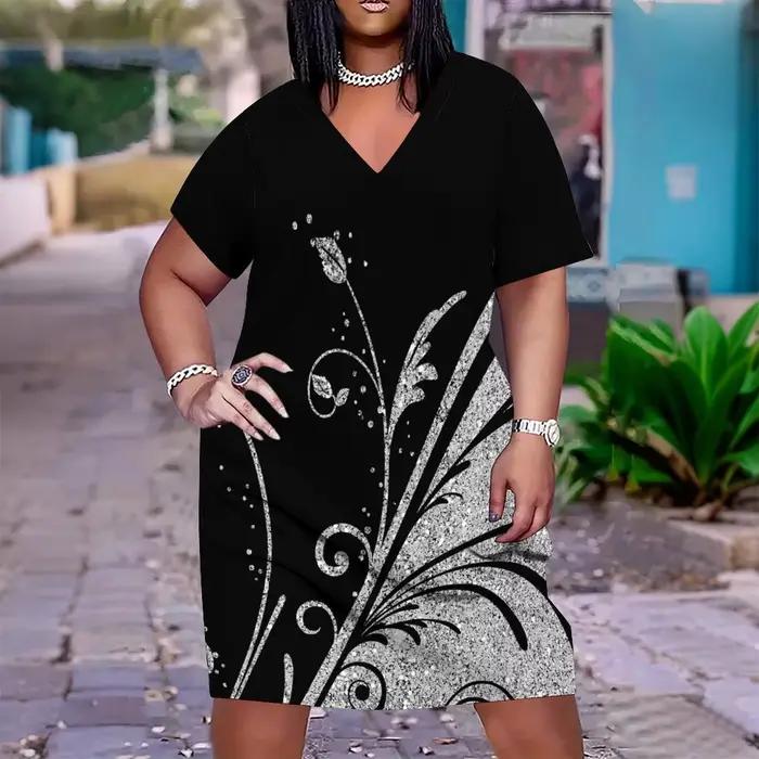 Mini-jupe d'été grande taille pour femme, robe décontractée à manches courtes, sexy, col en V, impri