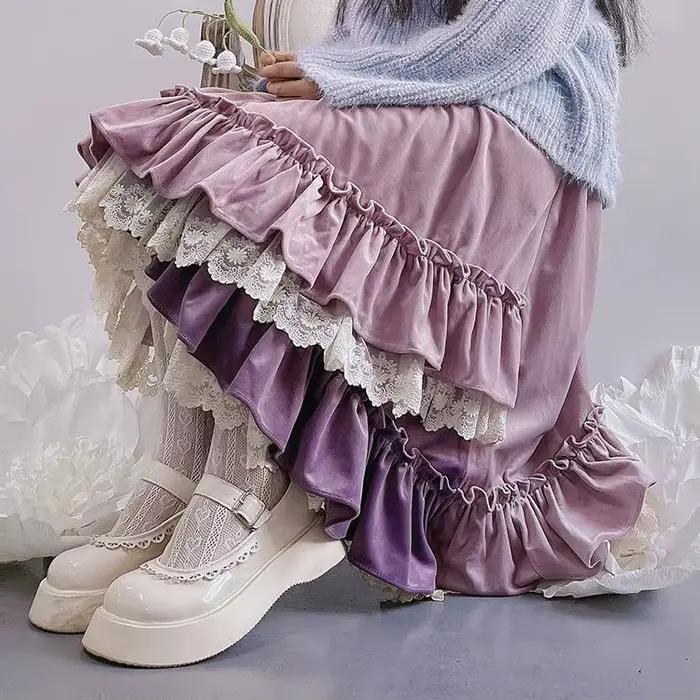 Dames violet couleur unie jupe dentelle jupe irrégulière 2025 mode nouvelle Version coréenne grand p