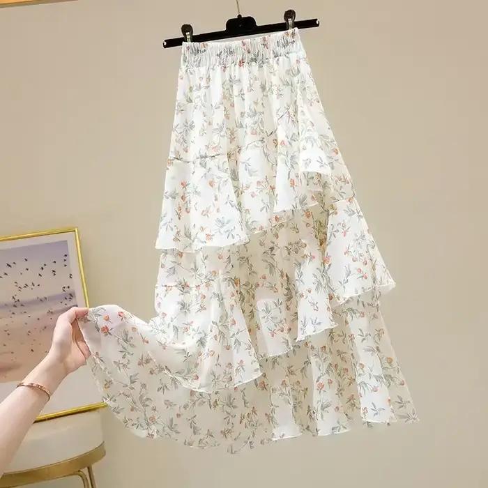 Jupe longue en mousseline de soie à volants pour femmes, jupe trapèze, vêtements coréens, doux, flor