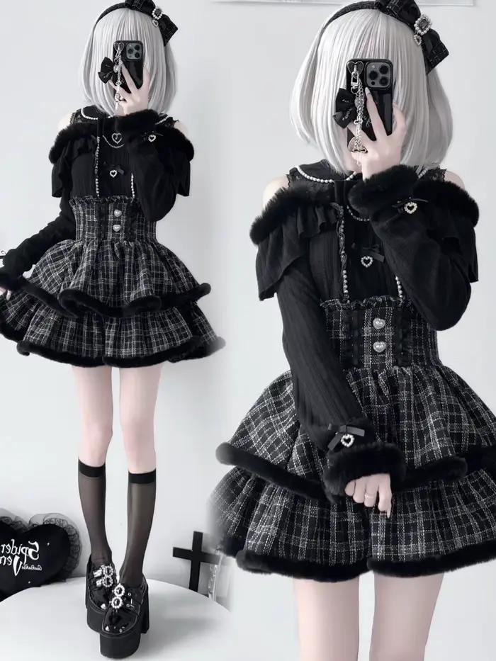 Ensemble jupe courte et haut tricoté Lolita en dentelle perlée avec nœud papillon en peluche pour fi