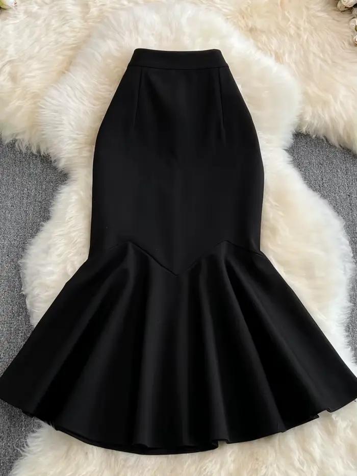 Jupe trompent taille haute à volants pour femmes, jupe ronde sexy, élégante, monochromatique, bureau