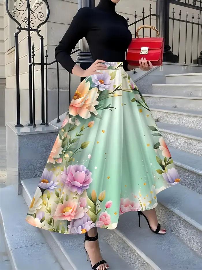 Jupe midi à imprimé floral pour femme, style vacances d'été, jupe rose en forme de A, taille haute, 