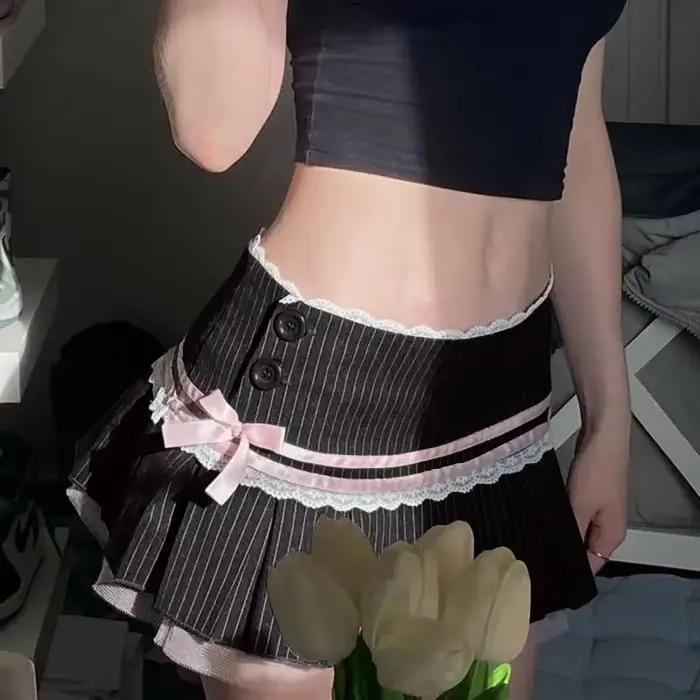 Jupe plissée rayée en dentelle pour femme, dentelle florale d'été, style doux et épicé, jupe plissée