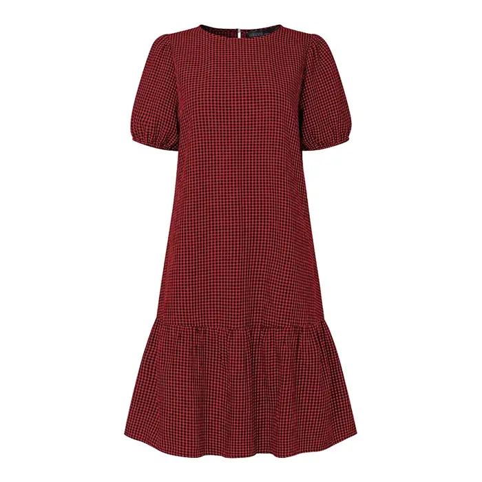 ZANZEA Robe décontractée à carreaux pour femme, col rond, manches courtes bouffantes, ourlet à volan