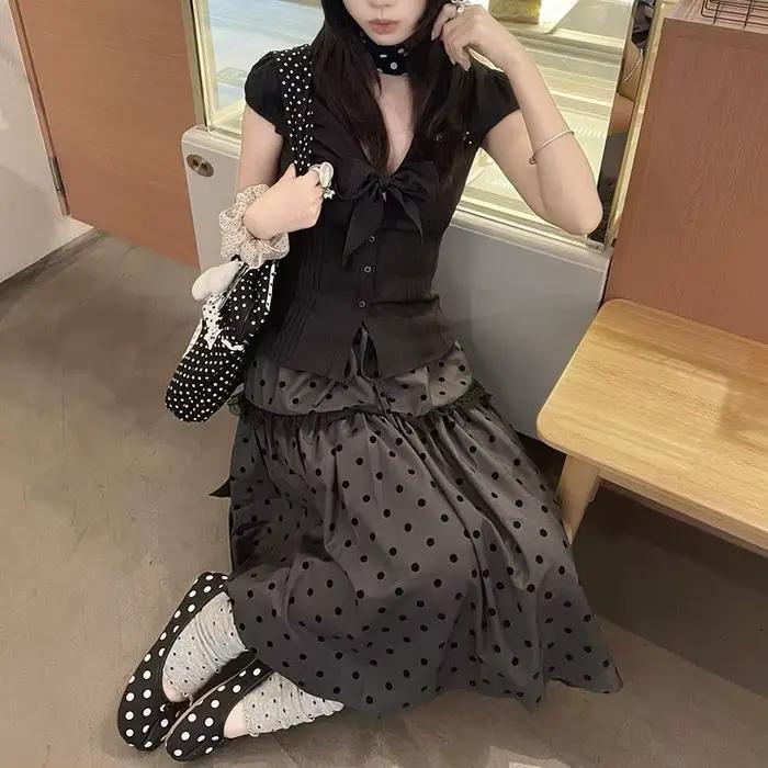 Vintage femmes Jupe taille haute Patchwork dentelle ample Jupe Chic à pois Saia japonais jupes d'été