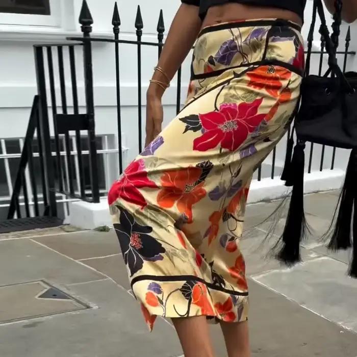 Jupe vintage à imprimé floral pour femme, taille basse chic, coupe ajustée, fente zippée, polyvalent