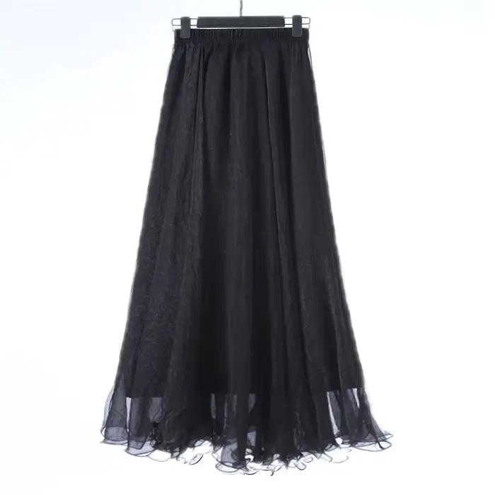 Jupe longue en mousseline de soie pour femmes, taille haute, longueur au sol, à volants, blanc, été,