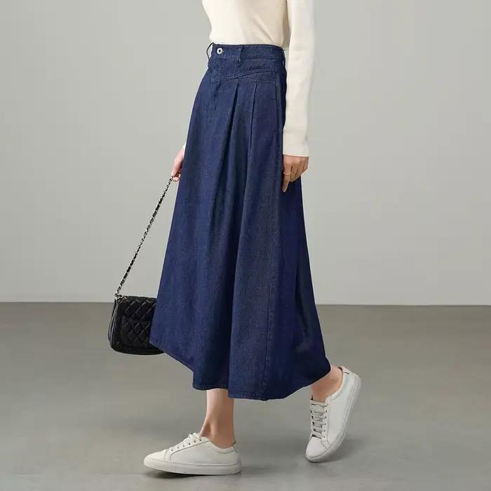 Jupe mi-longue élégante en denim plissée avec poches, coupe trapèze amincissante, taille élastique, 