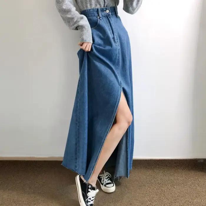 Taille haute fente Denim a-ligne jupe femmes mi-longue jupes Vintage Jean fermeture éclair boutons g