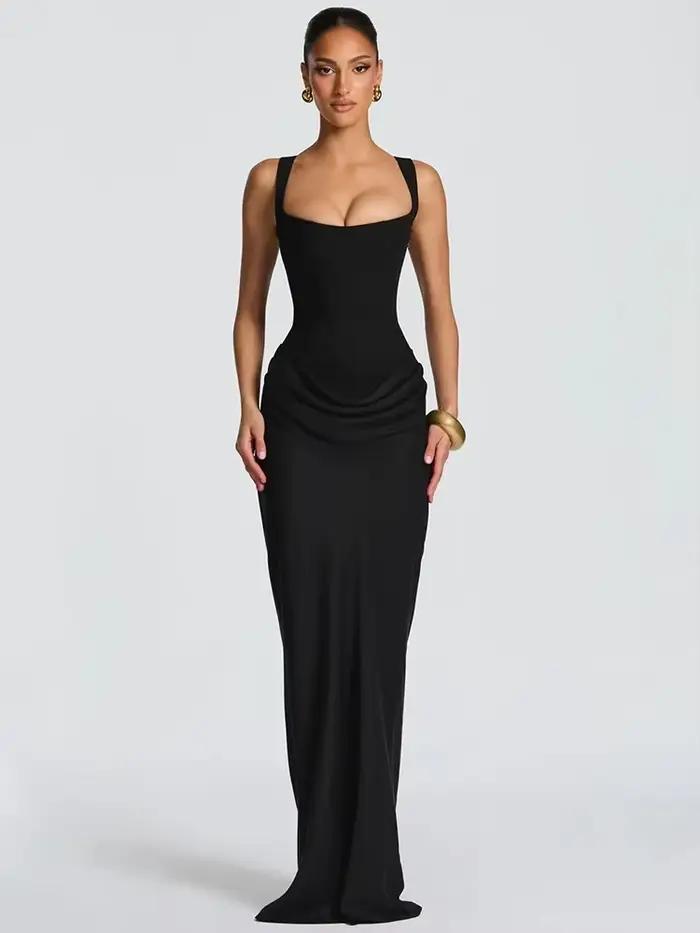 Robe Maxi froncée, dos nu, Sexy, élégante, col carré, bretelles coniques, sans manches, moulante, ro