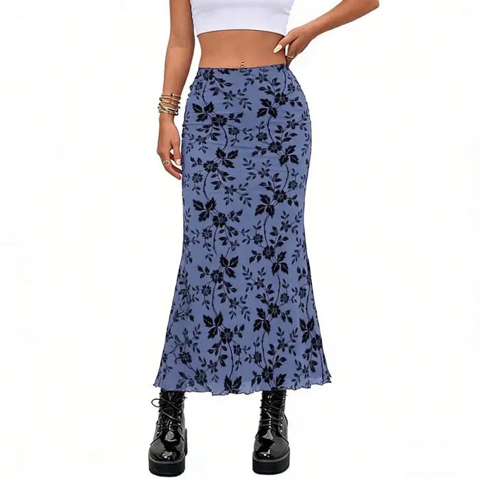 Jupe longue sirène élégante Y2K pour femme, style bohème, taille haute élastique, en maille florale 