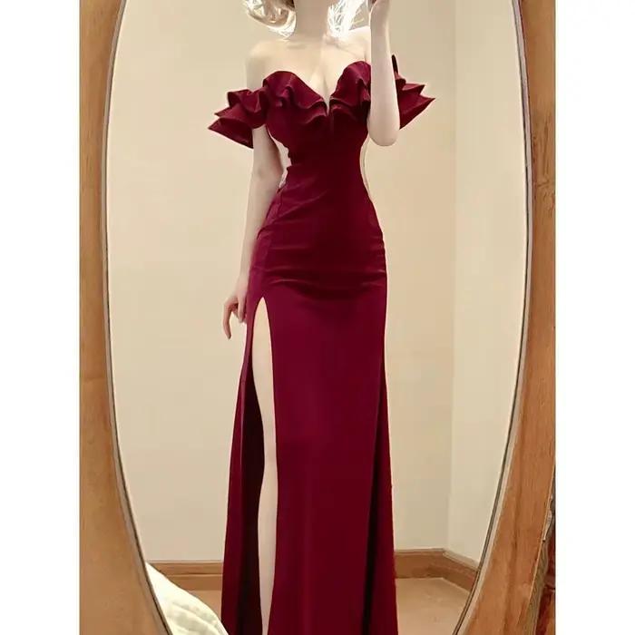 Robe longue élégante à fente haute, asymétrique à une épaule, pour femme, longueur cheville, en tiss