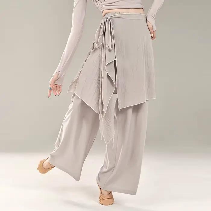 Faux jupe deux pièces pour femmes, pantalon de danse moderne, avec jambes larges, cravate à la taill