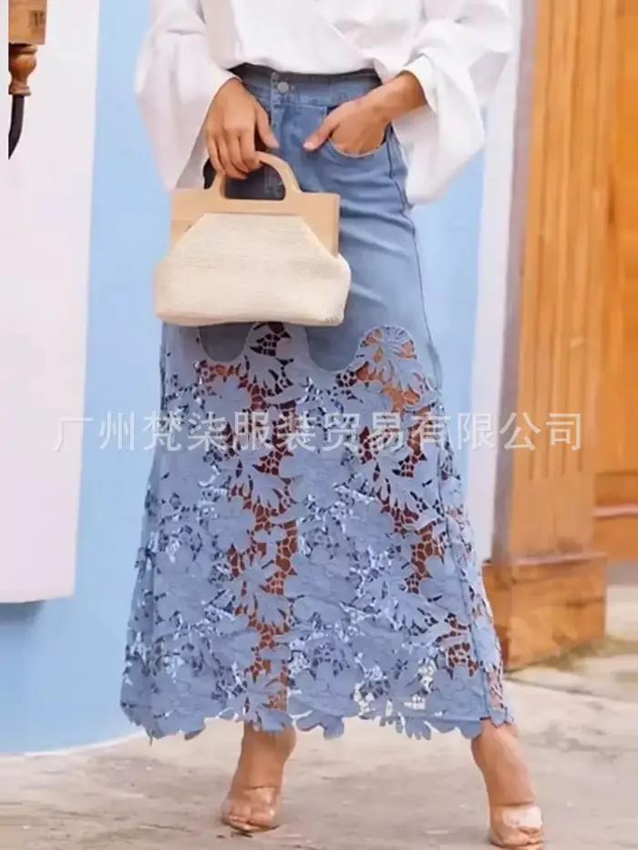 Jupe en jean à panneaux en dentelle taille haute pour femme, mode printemps-été, décontractée