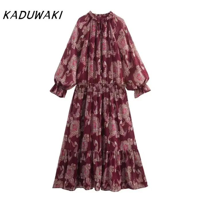 KADUWAKI femmes Robe longue mode vacances Style lanterne manches à lacets cou robes mi-longues bohèm