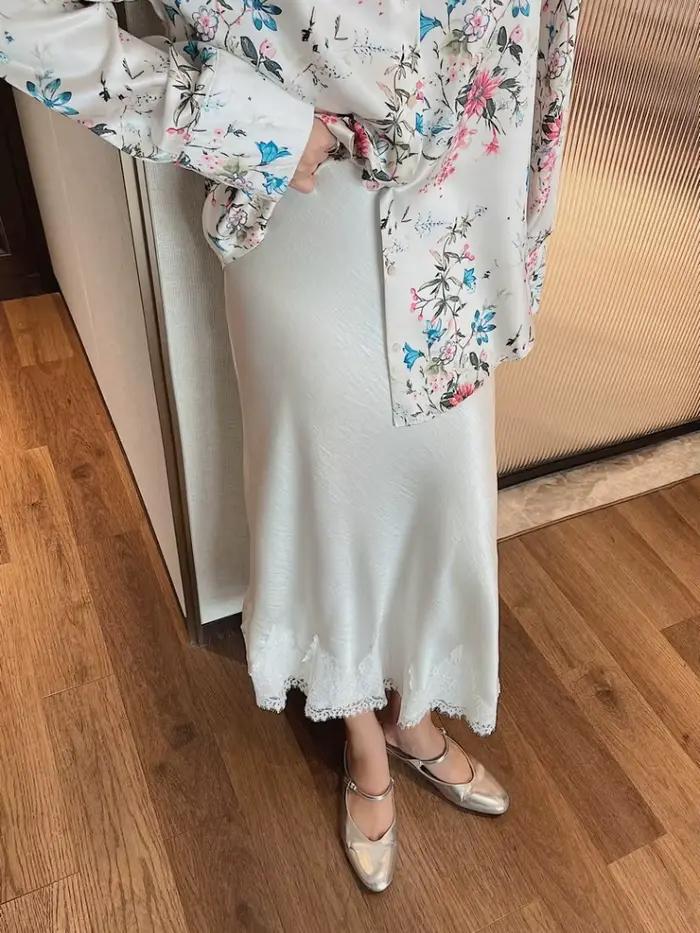 Jupe mi-longue en Satin et dentelle pour femmes, Patchwork, ligne a, élégante, lisse, vêtements pour