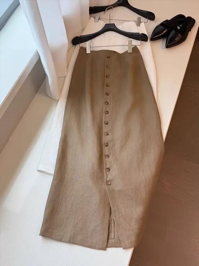 Jupe en lin marron pour femme, modèle 2026, coupe ajustée, simple boutonnage, fente élégante, Vinais