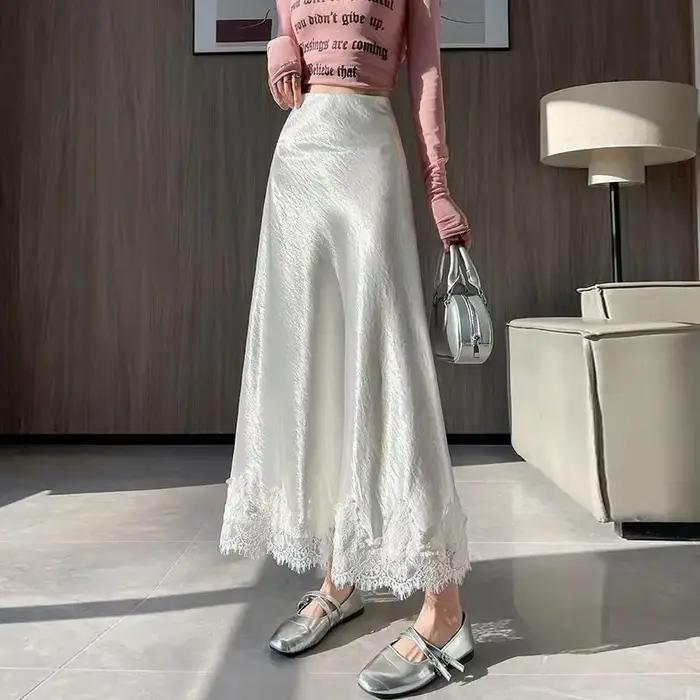Jupe sirène en satin et dentelle pour femme, taille haute, coupe trapèze fluide mi-longue, collectio