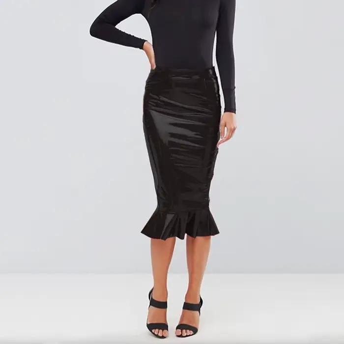 Jupe mi-longue à volants en faux latex pour femmes, jupes Hobble, cuir PU brillant, extensible, tamb