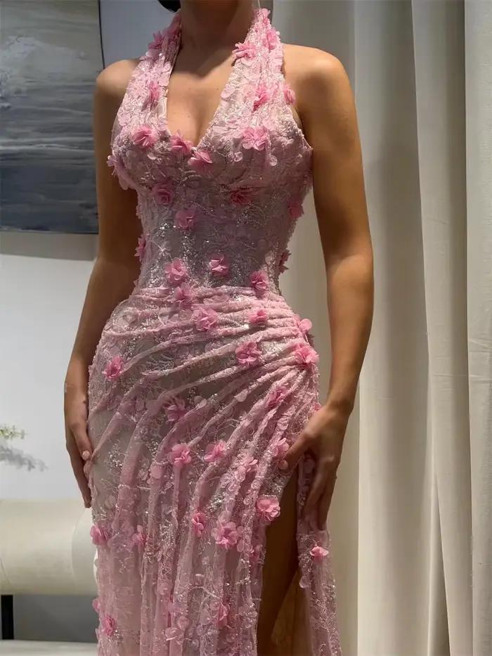Robes de soirée rose en dentelle florale 3D plissée, robe de bal sirène à col halter avec fente laté